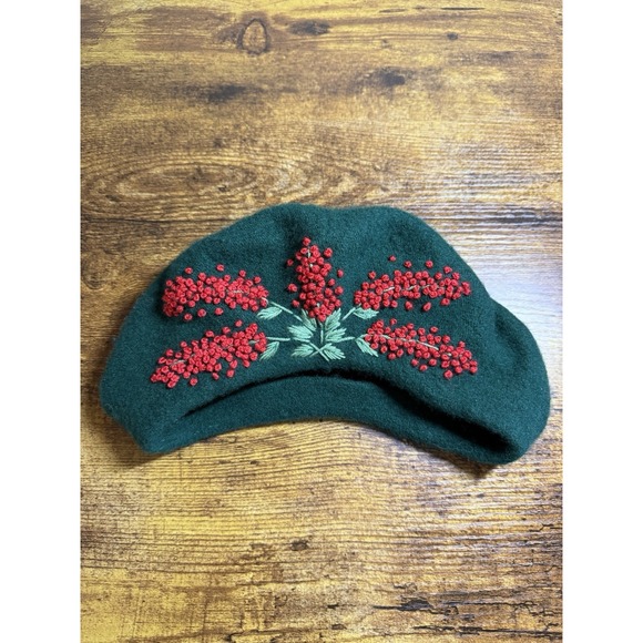 Red Accessories - Hand-embroidered green wool beret with Delicate Red Berries And Green Leaves